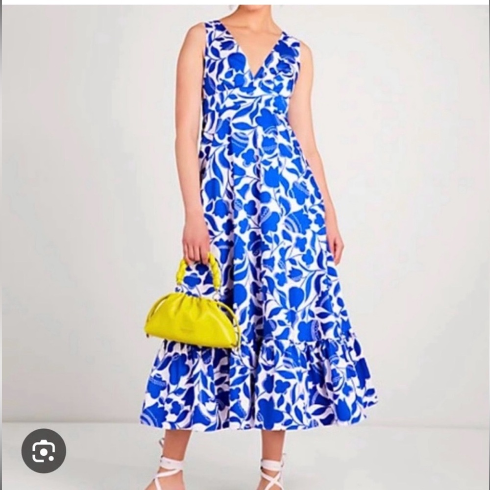 kate spade Zigzag  Blue and White Floral V-Neck Maxi Dress Sz. 6